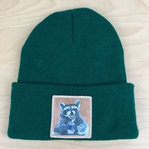 FLYN Hats Racoon Beer Bandit PBR Beer Winter Beanie Cuff Hat Green Patch Logo